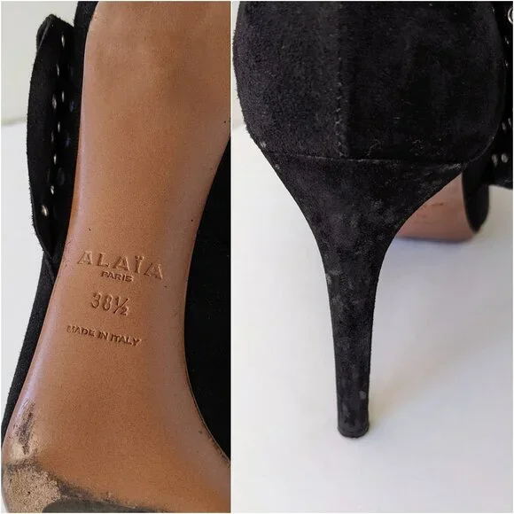 Alaïa Black Suede Grommet Embellished Ruffled Ankle Boots | Size 38.5 - Picture 10 of 16